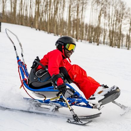 Man on a bi-ski going down the mountain