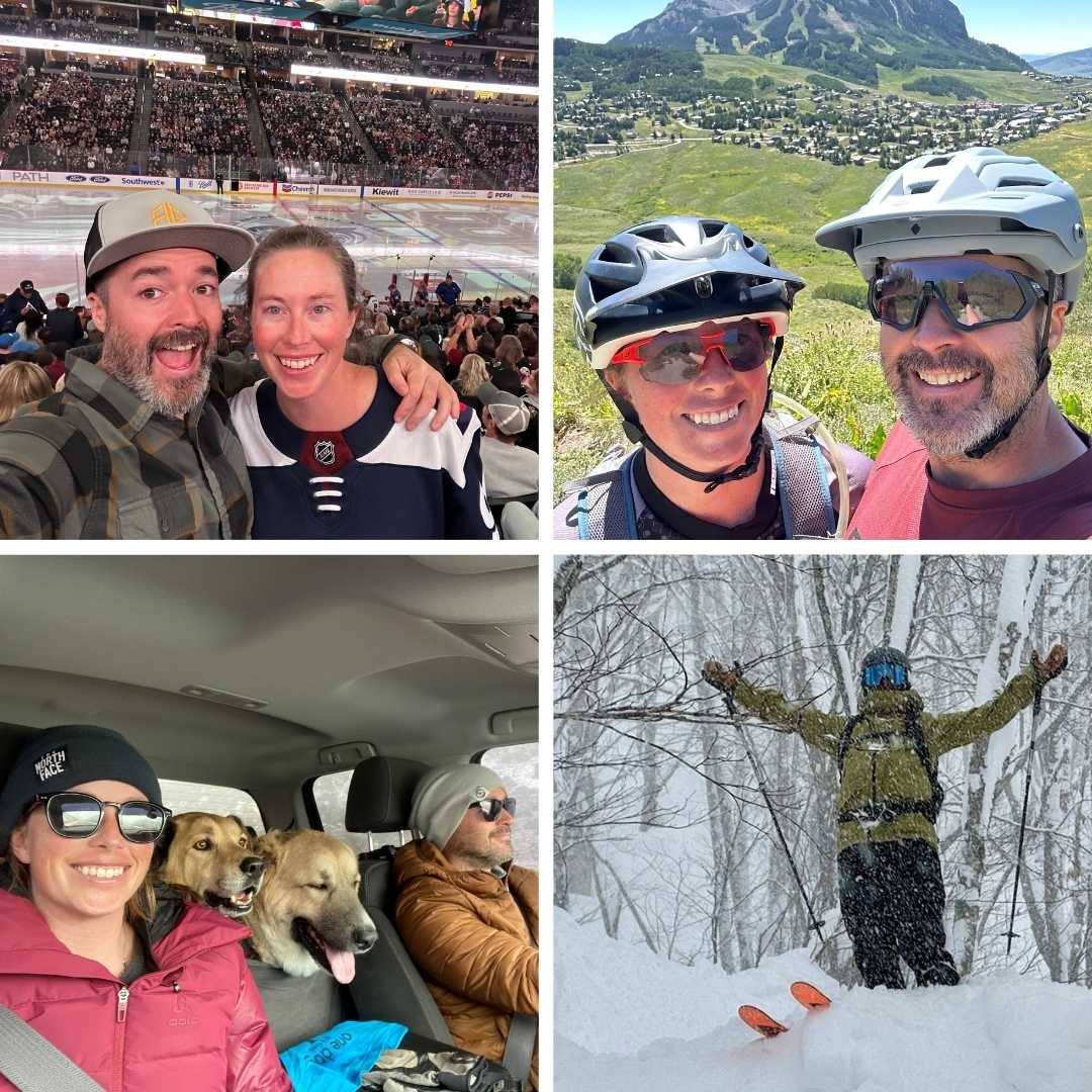 Photos of Mike biking, skiing and with his dogs and girlfriend.